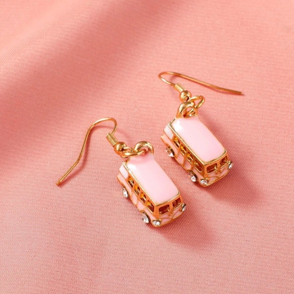 Bus Shape Gold Rhinestone Dangle Earrings Pink - Picture 3 of 5